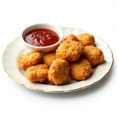 A plate of crispy chicken nuggets with a side of tangy ketchup, perfect for a snack or meal.