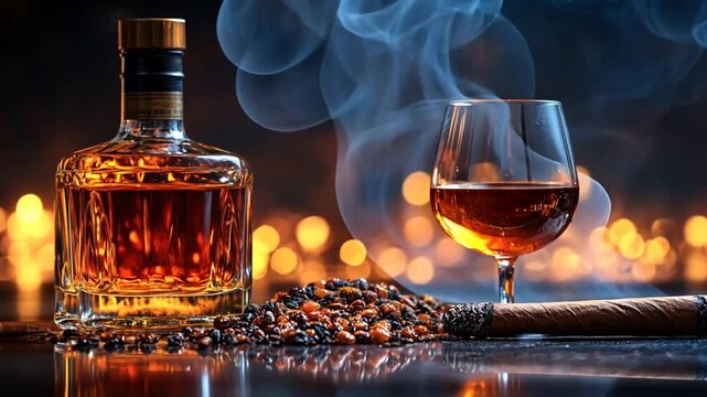 Cognac, cigar, and amber stones, luxurious, dark background, still life, refined display, for beverage promotion