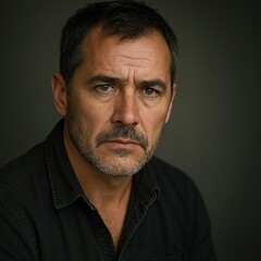Obraz premium A serious middle-aged man with salt-and-pepper hair and a rugged look gazes intensely into the camera against a dark, moody background.