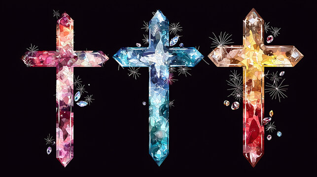 Colorful and sparkling crosses in vibrant, gem like style, showcasing blend of hues and textures that evoke sense of beauty and spirituality
