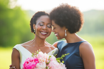 Older African-American bride hugging and sharing loving moment with her bridesmaid daughter