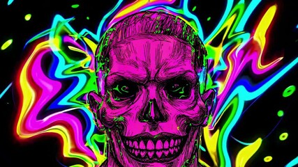 Green psychedelic skull portrait melting over a colorful background, ideal for music album covers, posters, t shirts or any other merchandise