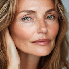 Obraz premium close up of older woman with glowing skin and natural makeup, her beauty and confidence. Her hair is wavy and she has serene expression