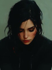 Portrait of a woman with dark hair and downcast eyes