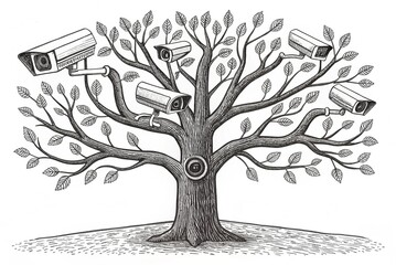 tree with security cameras growing from its branches, symbolizing surveillance, technology in nature. Scratch board imitation. Black and white image - generated by ai