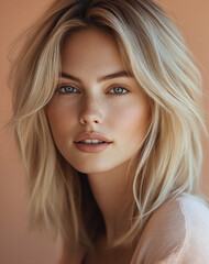 Fototapeta premium stunning woman with long, wavy blonde hair and blue eyes gazes directly at camera, exuding natural beauty and confidence. Her flawless skin and soft features create presence