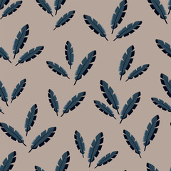 Blue plant leafs vector seamless pattern on brown background. Plant leafs seamless pattern. Vector pattern in dark colours. Feather pattern