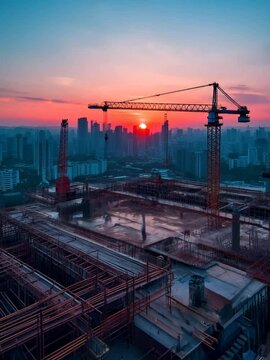 Time-lapse footage of a large construction site with several busy cranes in golden sunlight