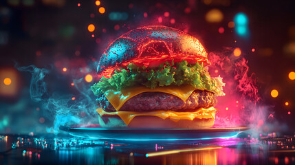 A vibrant, neon-lit burger floats against a dreamy backdrop, evoking a sense of curiosity and wonder.