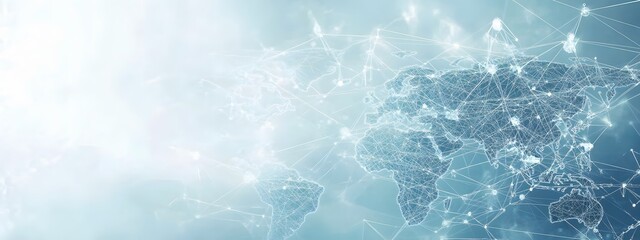 Obraz premium A light blue background with a digital world map and global network connections, representing the concept of international business or connectivity,