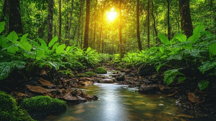Sunlight streams through lush rainforest foliage, illuminating a tranquil creek.  Tranquil water flows amidst vibrant greenery, creating a serene and peaceful scene.  