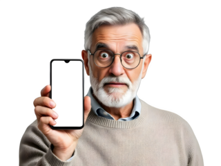 Surprised Senior Man Holding Smartphone with Blank Screen