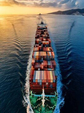 Aerial top view of cargo ship carrying container and running for export goods from cargo yard port to custom ocean concept freight shipping 4k video