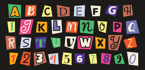 Set of magazine cutout alphabet font. Cut letter. Typography type from newspaper. Vector