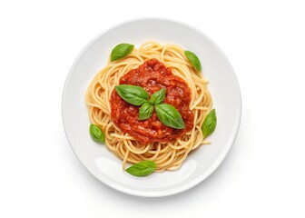 Delicious Spaghetti with Tomato Sauce and Basil on White Background &ndash; High-Quality Food Photo, Classic spaghetti with tomato sauce and basil, isolated on white background &ndash; perfect for food designs.