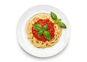 Delicious Spaghetti with Tomato Sauce and Basil on White Background &ndash; High-Quality Food Photo, Classic spaghetti with tomato sauce and basil, isolated on white background &ndash; perfect for food designs.