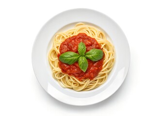 Delicious Spaghetti with Tomato Sauce and Basil on White Background &ndash; High-Quality Food Photo, Classic spaghetti with tomato sauce and basil, isolated on white background &ndash; perfect for food designs.