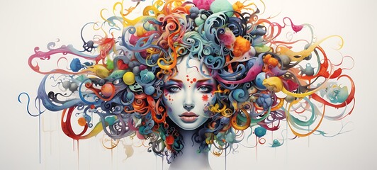 White background with drawings of colorful Medusa for children, ai generative