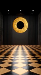 Golden Circle Chic room with black walls, tiled floor, & central illuminated golden circle art piece