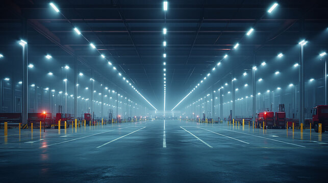 Expansive Warehouse Parking Lot at Night
