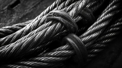 Coiled steel cable. Monochrome industrial background