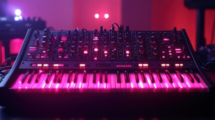 Synthesizer in a dimly lit studio