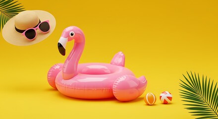 A cheerful pink flamingo floatie ready for a sunny beach day, promising summer fun with a straw hat and sunglasses against a vibrant yellow backdrop.