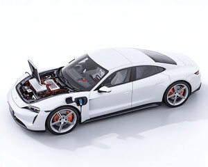 Electric Car with Open Hood, and White Studio.