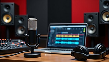 Fototapeta premium Studio Recording Setup: Professional Microphone, Laptop DAW, and Studio Monitors