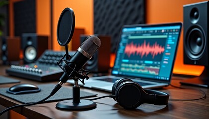 Modern Home Studio Setup: Podcast Microphone, Audio Interface, and Waveform Editing