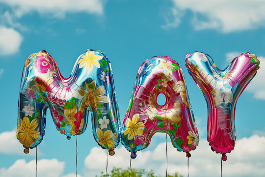colorful may floral foil balloons floating bright blue sky festive springtime decoration celebration concept