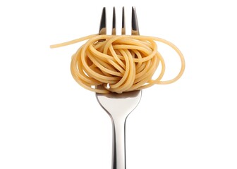Fork with Twirled Spaghetti and Curly Pasta Strands on White Background &ndash; Minimalist Food Concept, Minimalist food image of a fork with twirled spaghetti and curled strands on a white background.