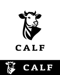 A modern black and white calf logo design featuring a stylized cow face, ideal for dairy farms, agricultural businesses, livestock branding, milk production, etc