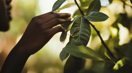 Fototapeta premium Gentle Touch of Nature Hand Reaching for Green Leaves in Sunlit Forest