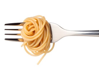 Fork with Twirled Spaghetti and Curly Pasta Strands on White Background &ndash; Minimalist Food Concept, Minimalist food image of a fork with twirled spaghetti and curled strands on a white background.
