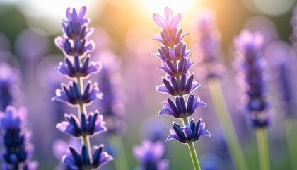 Obraz premium Golden Hour Lavender Field Close-up: Vibrant Purple Blooms & Backlit Detail
