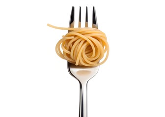 Fork with Twirled Spaghetti and Curly Pasta Strands on White Background &ndash; Minimalist Food Concept, Minimalist food image of a fork with twirled spaghetti and curled strands on a white background.