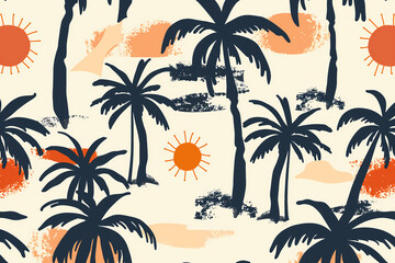 Aloha Summer Flatlay &ndash; Watermelon, Lemon & Vacation Vibes BackgroundSeamless Hand-Drawn Palm Tree and Sun Summer Pattern Background Set