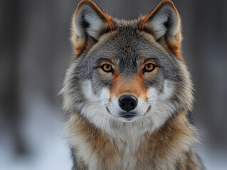Fototapeta premium Close-up Portrait of a Wild Wolf in Winter, Staring with Intense Amber Eyes, Surrounded by Snowy Forest, Detailed Fur and Natural Beauty