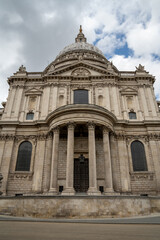 The Cathedral of St. Paul is captured head on, displaying its monumental dome and sculpted stonework, a true masterpiece of English Baroque architecture.