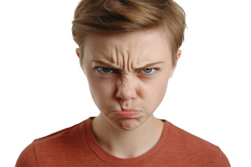 Frustrated young person making an angry expression against a plain background while showcasing intense emotions in a close-up shot