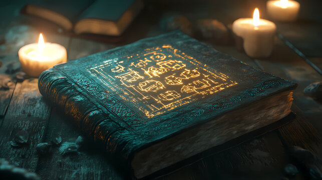 A gothic-style ancient mathematical codex with cryptic symbols glowing in candlelight. Cryptic Symbols. Illustration