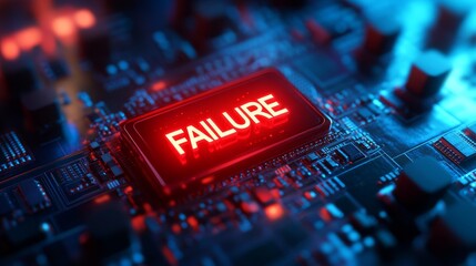Glowing red rectangular FAILURE button on tech background. Technology concept