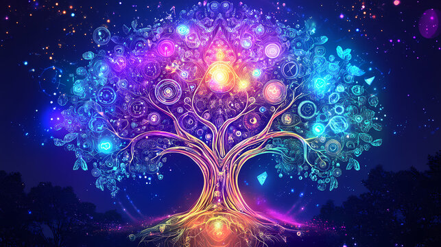 A mystical tree with glowing aura, its trunk adorned with symbols and markings that seem to hold secrets of the universe, dreamlike, enigmatic, cryptic. Cryptic Symbols. Illustration