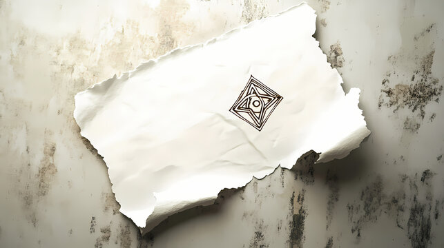 A piece of white paper with a ripped corner and a cryptic symbol, cryptic symbol, corner. Cryptic Symbols. Illustration