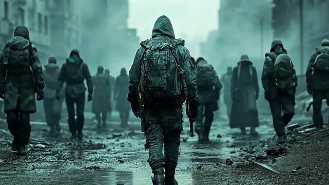 Post-apocalyptic survivors walking ravaged city