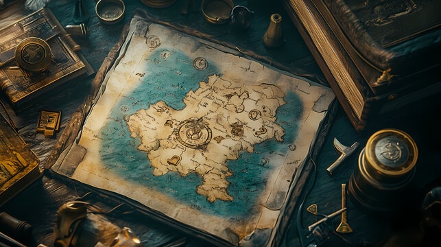 Map with cryptic symbols leading to hidden treasure, surrounded by archaeological tools and ancient books. Cryptic Symbols. Illustration