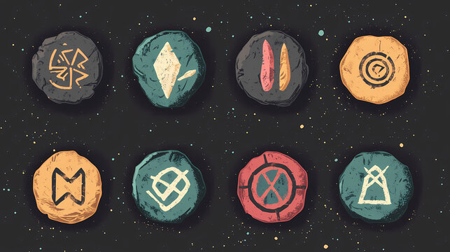 Mysterious cryptic symbols etched into ancient stone, runes of forbidden knowledge. illustration flat color, clip art style , minimalism,. runes. illustration. Cryptic Symbols. Illustration