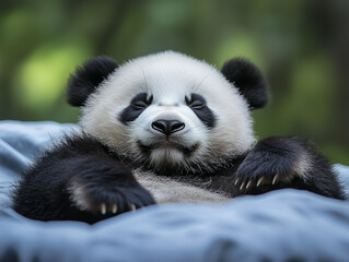 Obraz premium Adorable baby panda relaxing on soft bedding, embodying cuteness, tranquility, and wildlife conservation in a peaceful environment.