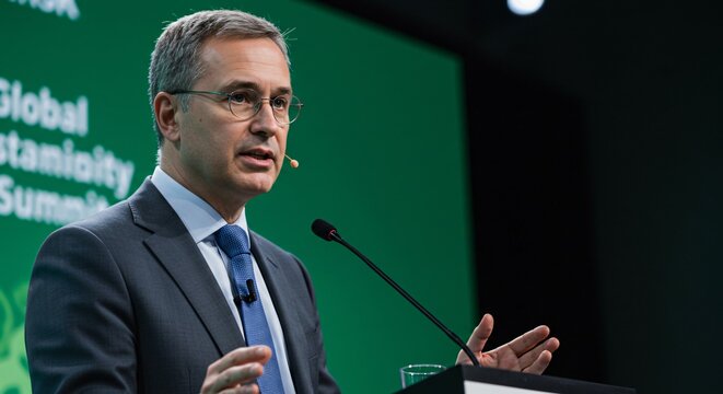 Man in suit giving a speech at global sustainability summit with green background and microphone on his lapel